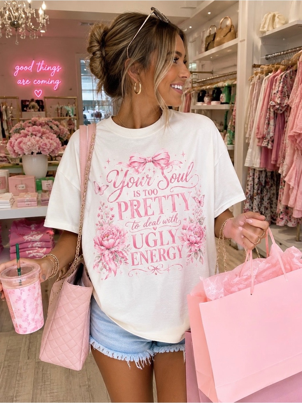 Graphic Cotton Tee - White with Pink Print S-5x
